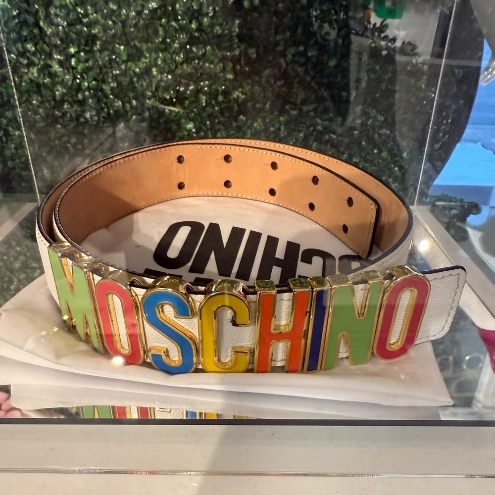 Moschino Colorful Logo Belt with Gold Accents